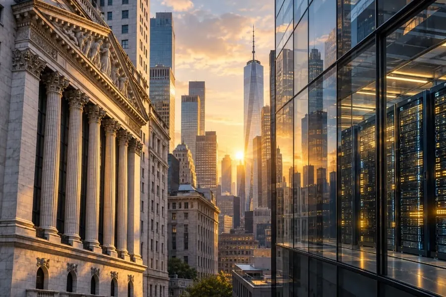 Vista urbana al atardecer combinando un edificio clásico con columnas y rascacielos junto a servidores informáticos.