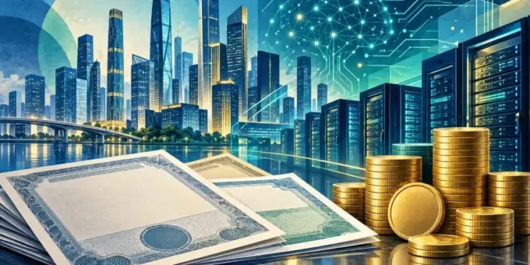 Pilas de monedas doradas y documentos financieros con un fondo de ciudad moderna, servidores y un cerebro tecnológico brillante.