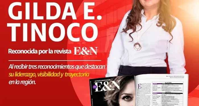 Imagen publicitaria con felicitaciones a Gilda E. Tinoco por sus reconocimientos en la revista E&N y mención a red en Nicaragua.