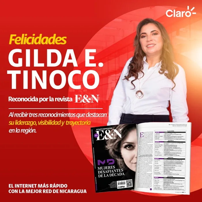 Imagen publicitaria con felicitaciones a Gilda E. Tinoco por sus reconocimientos en la revista E&N y mención a red en Nicaragua.