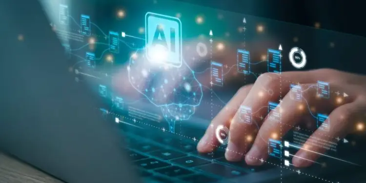 Manos escribiendo en un portátil con una interfaz digital holográfica superpuesta de inteligencia artificial.