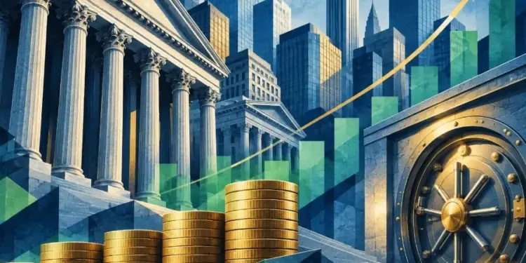 Edificio clásico con columnas, rascacielos modernos, pilas de monedas de oro, puerta de bóveda bancaria. Gráficos de barras y flecha ascendente simbolizando crecimiento financiero y económico.