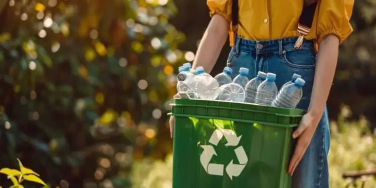Persona sostiene un contenedor verde de reciclaje lleno de botellas de plástico en un entorno natural.