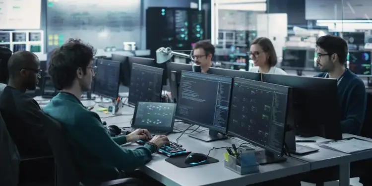 Grupo diverso de profesionales de TI trabajando en computadoras con múltiples monitores mostrando código y datos en una oficina moderna. Ambiente de desarrollo tecnológico y análisis.