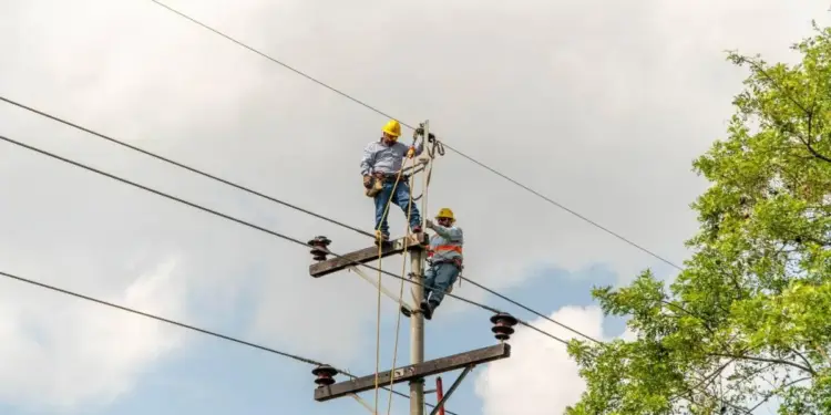Dos trabajadores con cascos amarillos y arneses realizan mantenimiento en un poste de electricidad con múltiples cables y aisladores, bajo un cielo nublado con árboles verdes.