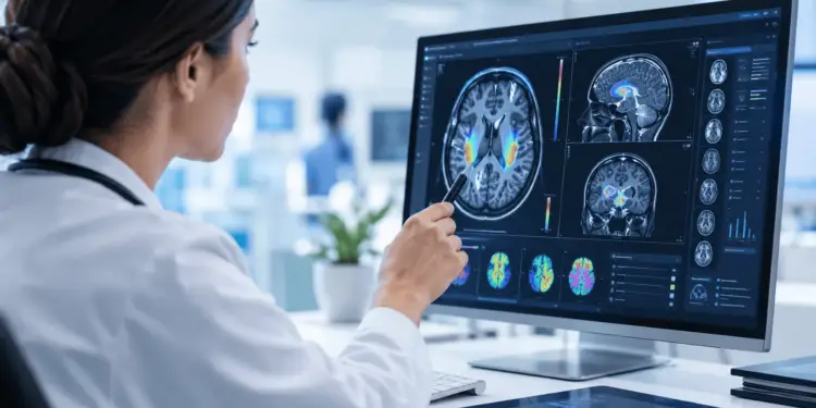 Médica analizando escáneres cerebrales y resonancias magnéticas en una gran pantalla de ordenador.