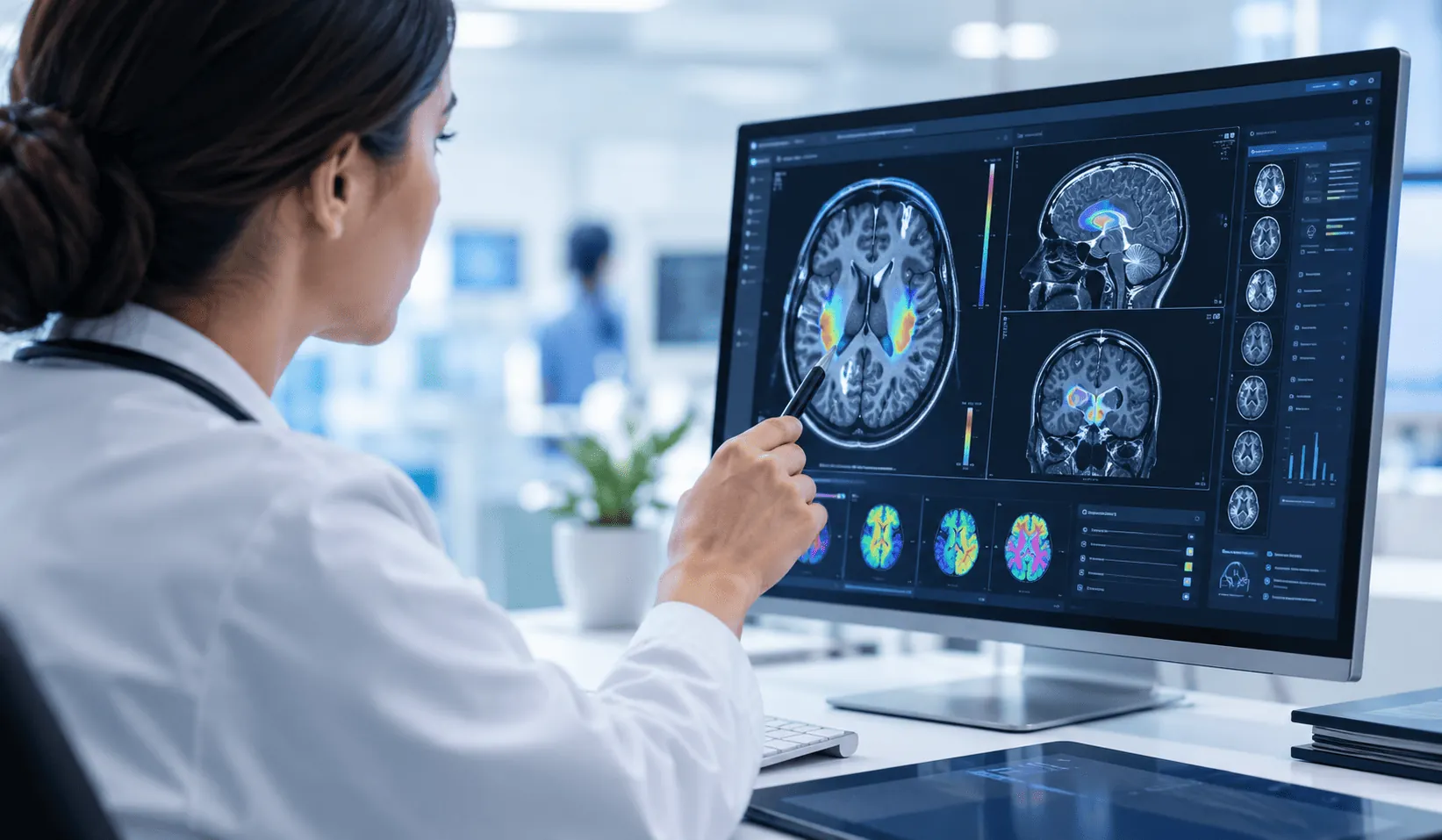 Médica analizando escáneres cerebrales y resonancias magnéticas en una gran pantalla de ordenador.