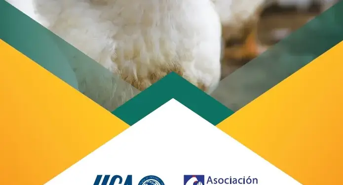 Portada de documento sobre regulaciones del comercio internacional avícola con pollos blancos y logotipos institucionales.
