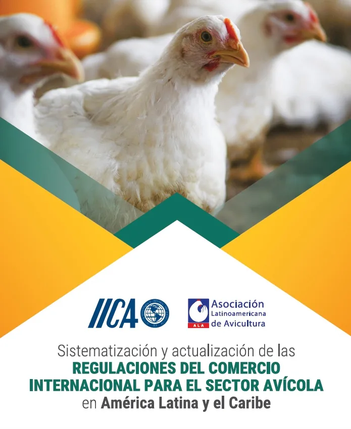 Portada de documento sobre regulaciones del comercio internacional avícola con pollos blancos y logotipos institucionales.