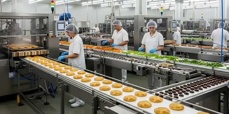 Obreros en una fábrica de alimentos procesando ingredientes y productos horneados en cintas transportadoras, destacando la producción industrial.