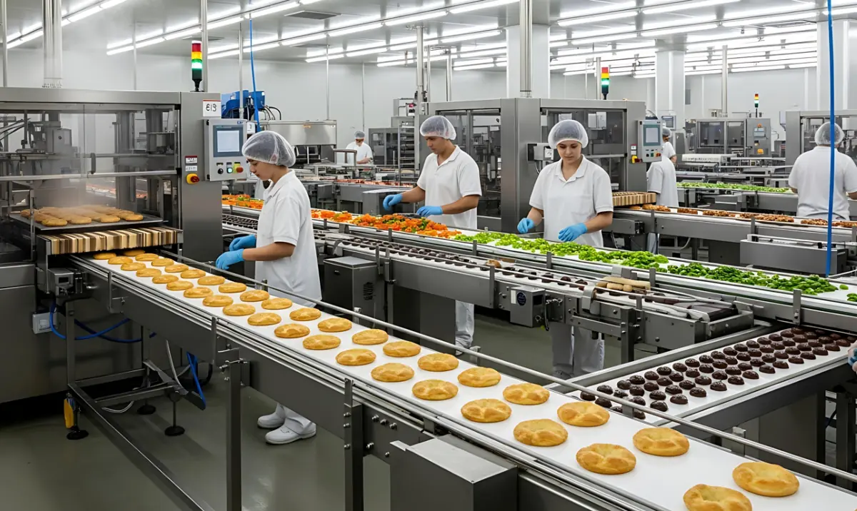 Obreros en una fábrica de alimentos procesando ingredientes y productos horneados en cintas transportadoras, destacando la producción industrial.