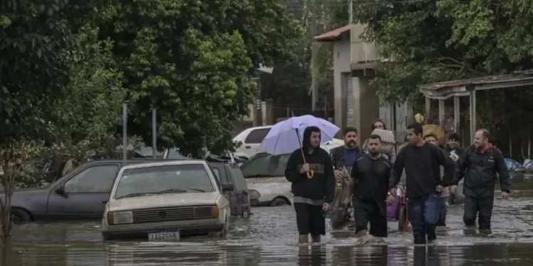 Grupo de personas caminando por una calle residencial inundada con vehículos parcialmente sumergidos.