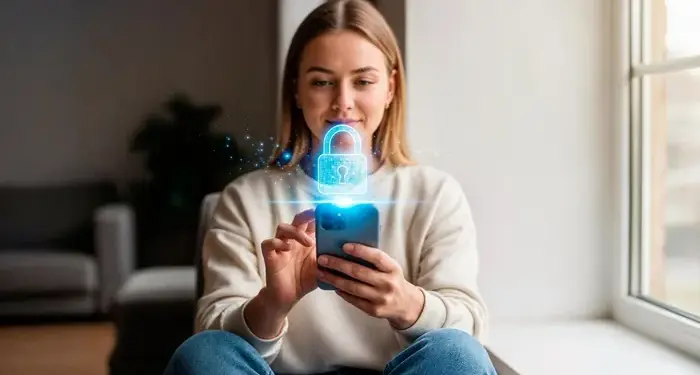 Mujer joven utilizando su teléfono móvil con un icono de candado digital brillante y partículas azules flotando sobre la pantalla, simbolizando seguridad y protección de datos.
