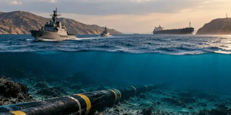 Vista dividida que muestra barcos de guerra navegando en la superficie y un cable submarino de telecomunicaciones en el fondo marino.