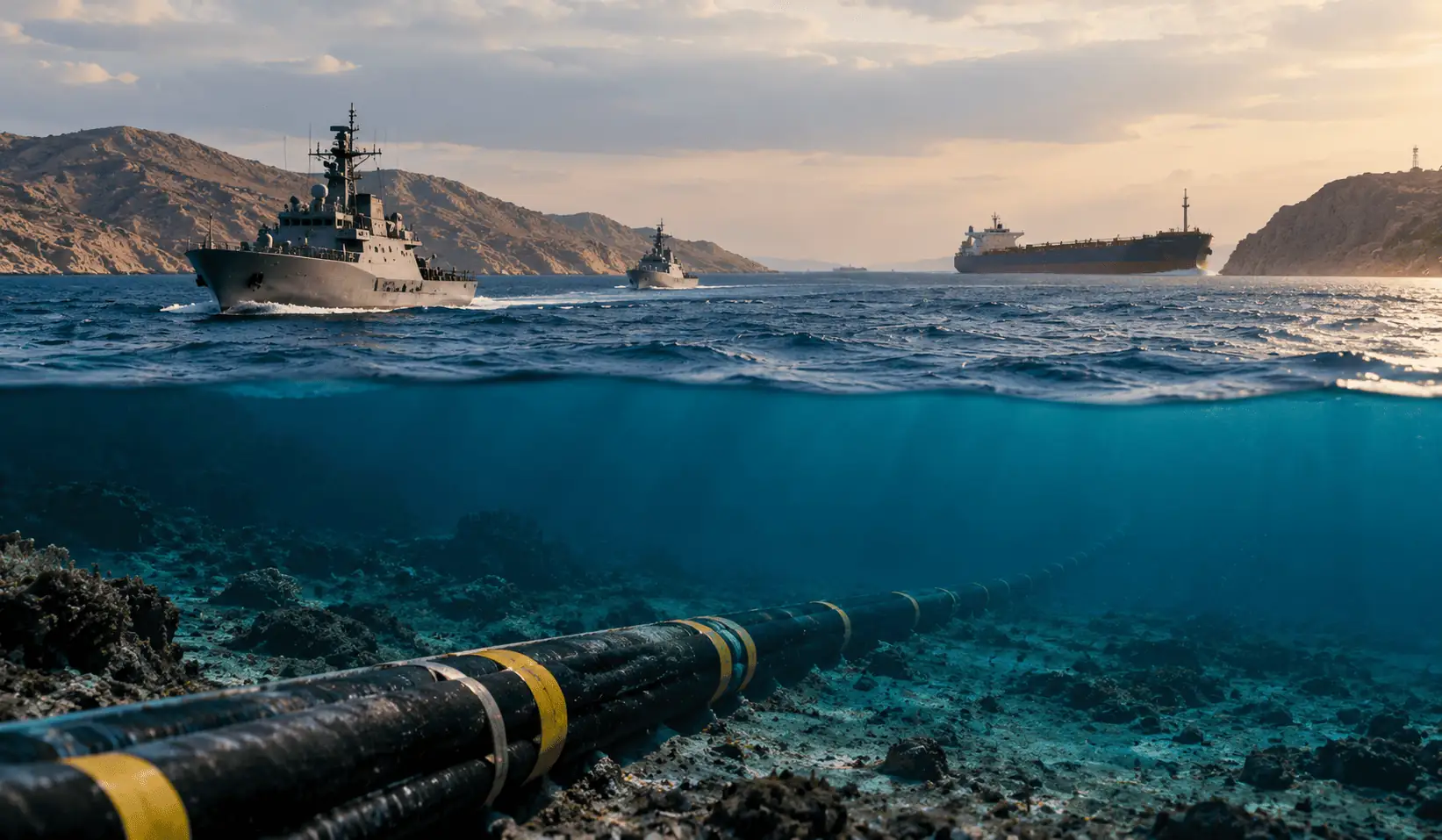 Vista dividida que muestra barcos de guerra navegando en la superficie y un cable submarino de telecomunicaciones en el fondo marino.