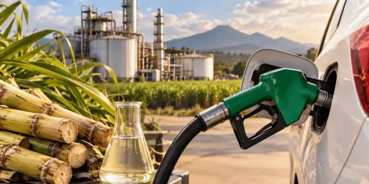Manguera de combustible verde recargando un vehículo, junto a tallos de caña de azúcar y una refinería al fondo.