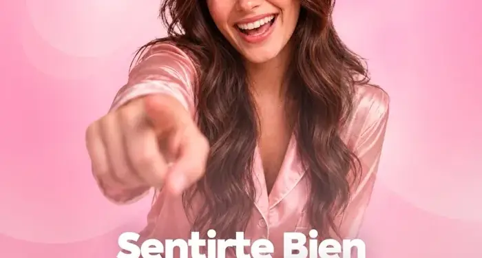 Mujer sonriente con pijama rosa apuntando hacia adelante, rodeada de pétalos rosados. Texto: Sentirte Bien también es cuidarte. Logo de Metrosur.