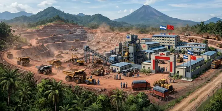 Vista panorámica de una mina a cielo abierto con camiones gigantes, excavadoras y complejos industriales.