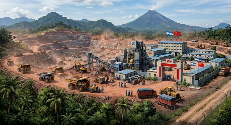 Vista panorámica de una mina a cielo abierto con camiones gigantes, excavadoras y complejos industriales.