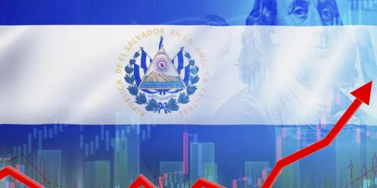 Bandera superpuesta con billetes de dólar y gráficos financieros con una flecha roja alcista en la parte inferior.