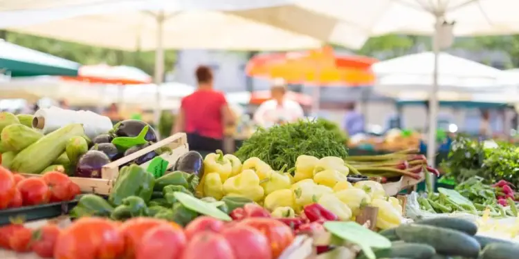 Primer plano de un puesto de mercado con una gran variedad de verduras frescas: tomates rojos, pepinos, pimientos amarillos y verdes, berenjenas. Se ven sombrillas blancas y personas borrosas al fondo.