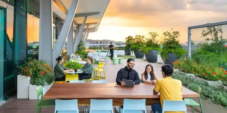Un grupo de jóvenes profesionales interactuando en una terraza moderna con mobiliario de diseño, plantas y vistas al atardecer, sugiriendo un ambiente de colaboración y bienestar.