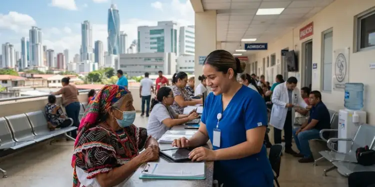 Una enfermera sonriente interactúa con una paciente mayor en un área de admisión de hospital, con otros pacientes esperando y edificios modernos al fondo.