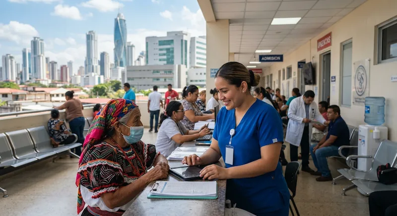 Una enfermera sonriente interactúa con una paciente mayor en un área de admisión de hospital, con otros pacientes esperando y edificios modernos al fondo.
