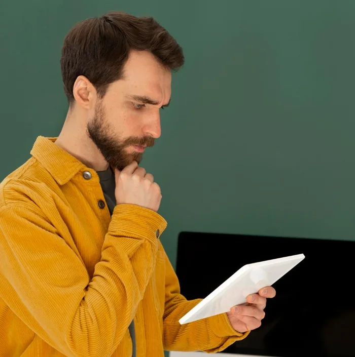 Hombre con barba y camisa amarilla mirando pensativo una tablet digital en su mano