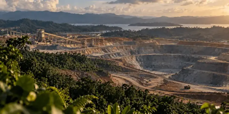 Vista panorámica de una gran mina a cielo abierto con maquinaria y estructuras industriales rodeada de montañas al atardecer.