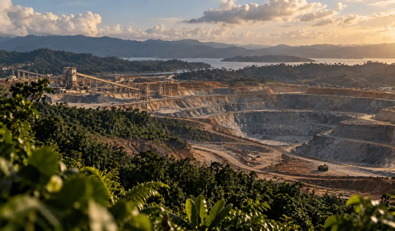 Vista panorámica de una gran mina a cielo abierto con maquinaria y estructuras industriales rodeada de montañas al atardecer.