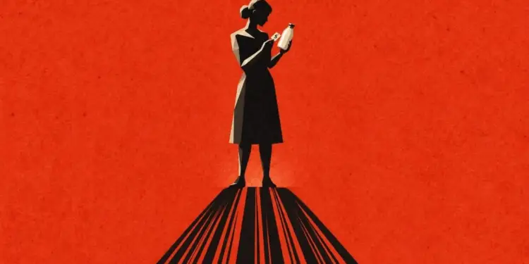 Silueta de una mujer de pie sobre una superficie con sombras que se extienden como un código de barras, sosteniendo una botella con una etiqueta.