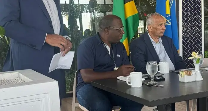 Tres hombres en una reunión de negocios, uno de pie hablando y dos sentados a una mesa. Detrás de ellos, ondean las banderas de Jamaica y de las Naciones Unidas.