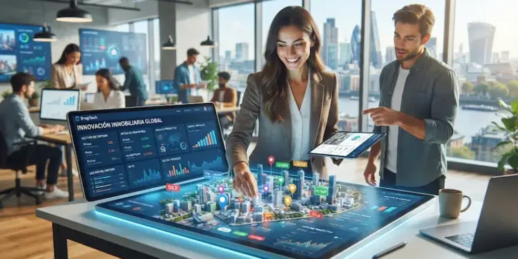 Profesionales de PropTech analizan datos inmobiliarios. Mujer interactúa con mapa 3D táctil de ciudad y hombre revisa tablet con gráficos en oficina moderna.