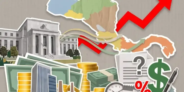 Ilustración de elementos financieros como billetes, monedas, edificios, un gráfico de crecimiento y un mapa de Centroamérica, simbolizando la economía y las finanzas.