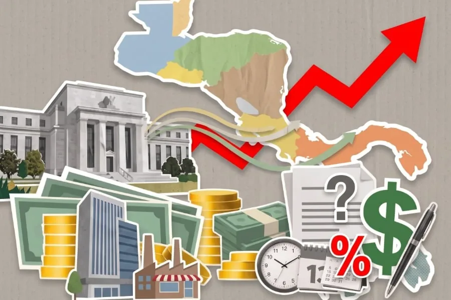 Ilustración de elementos financieros como billetes, monedas, edificios, un gráfico de crecimiento y un mapa de Centroamérica, simbolizando la economía y las finanzas.