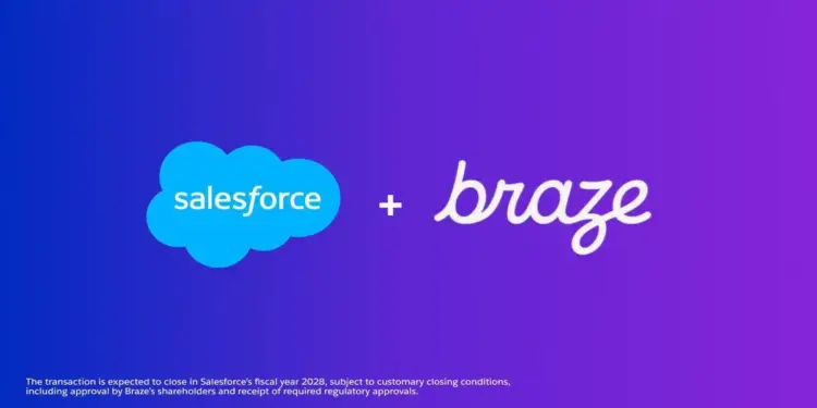 Logos de Salesforce en azul claro y Braze en blanco conectados por un signo más sobre un fondo degradado violeta y azul.