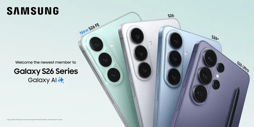 Familia Galaxy S26 de espaldas: Galaxy S26 FE menta, S26 blanco, S26+ azul y S26 Ultra violeta