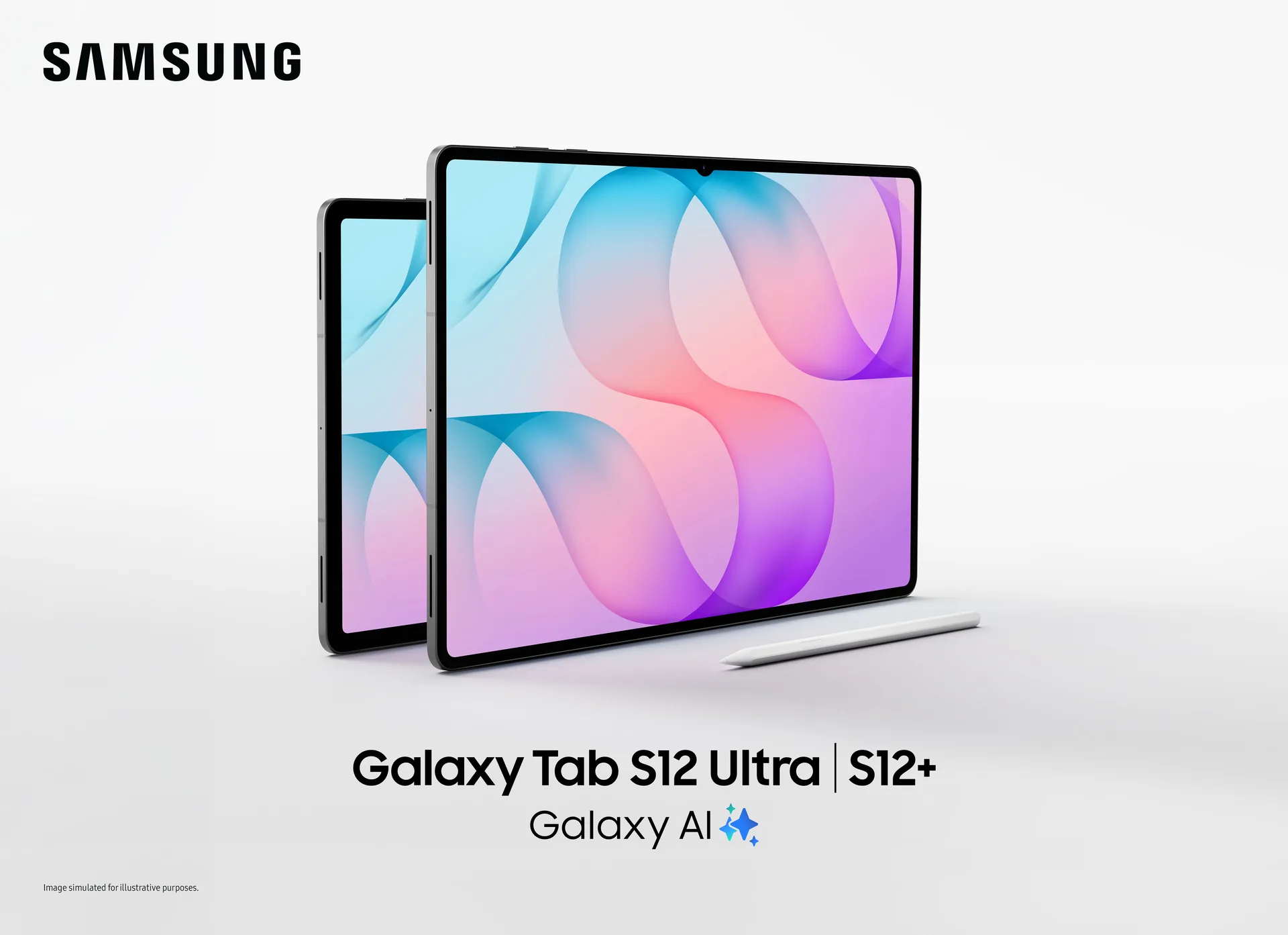 Dos tabletas Samsung Galaxy Tab S12 Ultra y S12+ con pantallas a color sobre un fondo blanco y un lápiz táctil al lado.