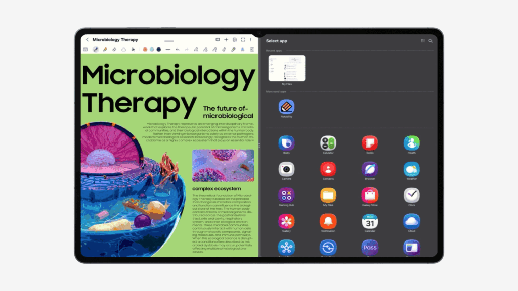 Vista de una tablet con la pantalla dividida mostrando un documento de microbiología y un panel de aplicaciones.