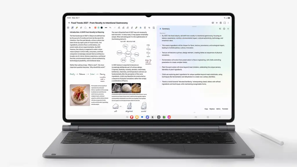 Tableta digital con teclado que muestra un documento sobre tendencias alimentarias y gastronomía intencional.
