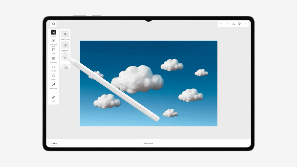Tablet digital mostrando una interfaz de edición con un lápiz óptico interactuando sobre una imagen de nubes.