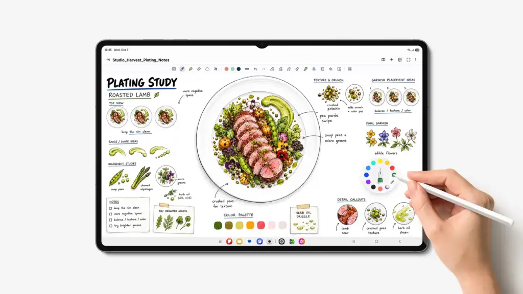 Mano usando un lápiz óptico para dibujar un plato de cordero con notas y bocetos culinarios en una tableta digital.