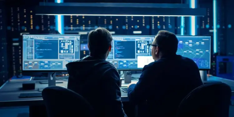 Dos profesionales analizando datos financieros y códigos en múltiples pantallas en un centro de datos iluminado de azul.