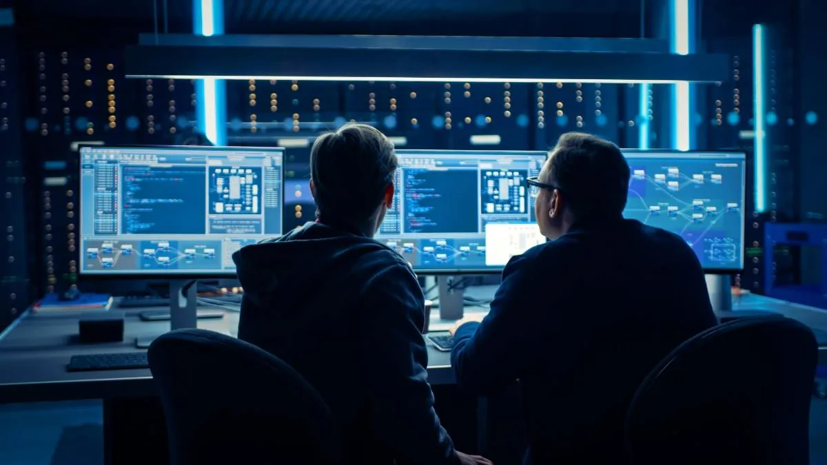 Dos profesionales analizando datos financieros y códigos en múltiples pantallas en un centro de datos iluminado de azul.