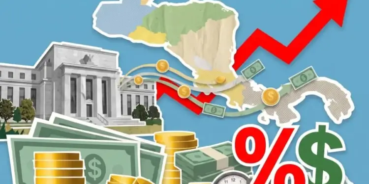 Ilustración financiera con mapas, billetes, monedas de oro, un edificio gubernamental y flechas de crecimiento económico.