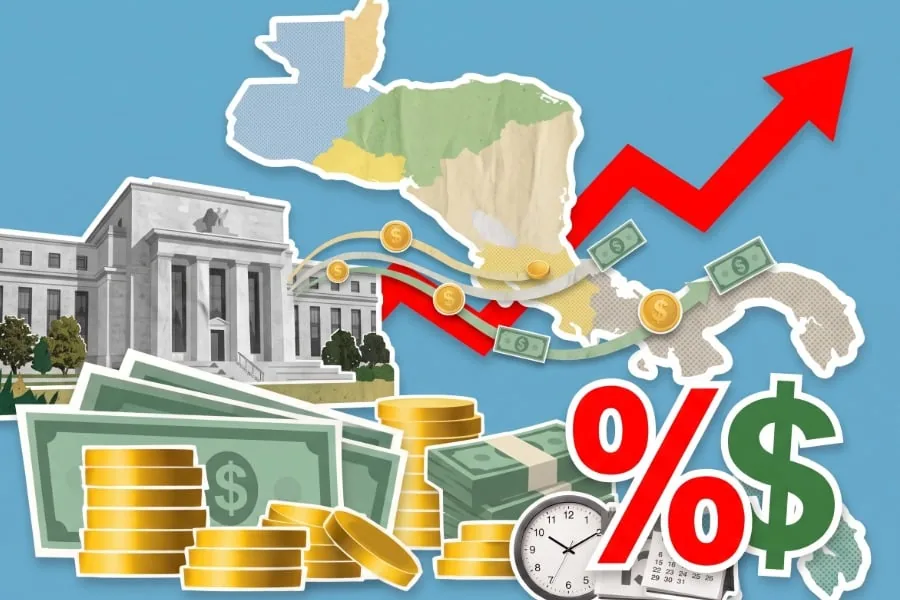 Ilustración financiera con mapas, billetes, monedas de oro, un edificio gubernamental y flechas de crecimiento económico.