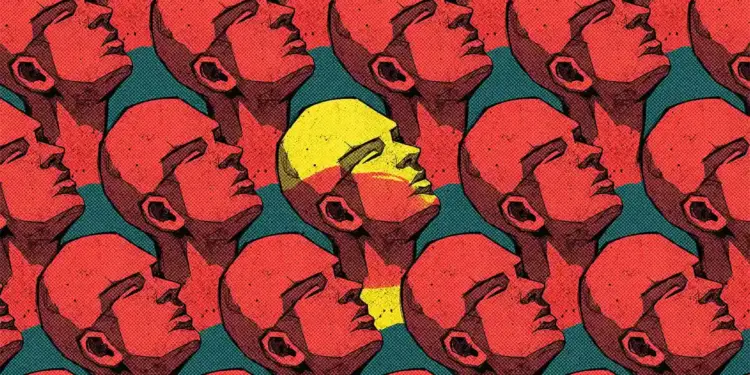 Ilustración de múltiples rostros rojos perfilados con una única cabeza amarilla destacando en el centro.
