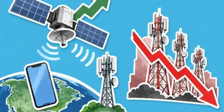 Ilustración de un satélite con flecha verde ascendente y un móvil sobre la Tierra, contrastando con torres celulares y una flecha roja descendente.