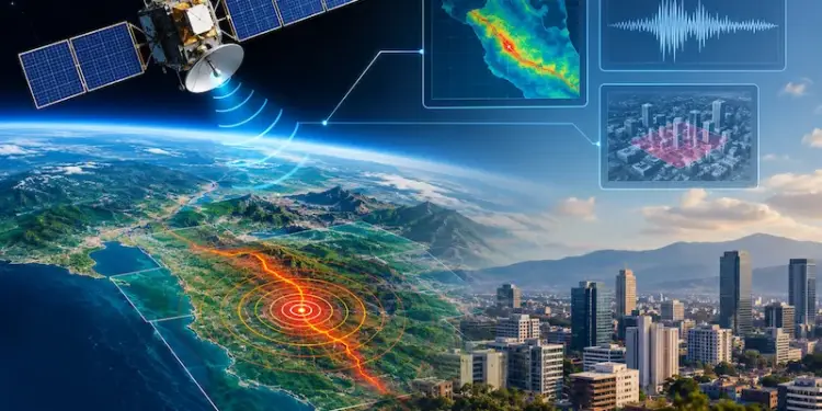 Satélite en órbita escaneando la Tierra con ondas de señal, mostrando una falla sísmica y datos gráficos digitales.